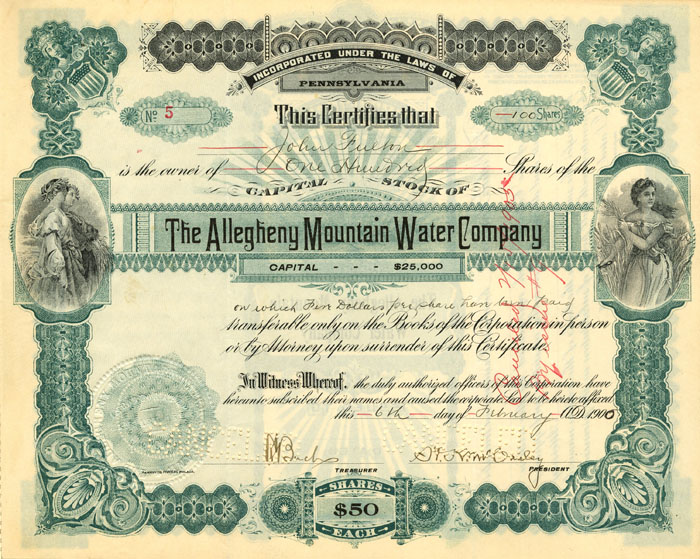 Allegheny Mountain Water Co. - Stock Certificate